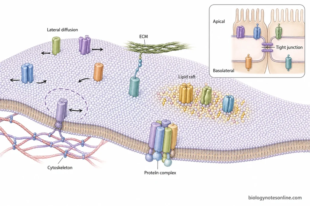 Plasma membrane showing lateral diffusion of proteins, cytoskeletal and extracellular restrictions, protein complexes, a dynamic lipid raft, and tight-junction separation of epithelial membrane domains.