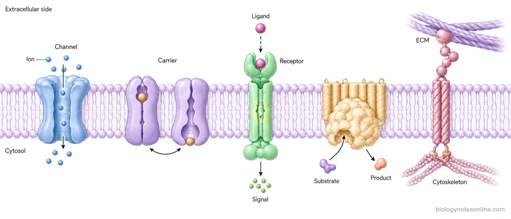 Membrane schematic comparing channel, carrier, receptor, enzyme, and adhesion proteins and showing how their different structures enable transport, signaling, catalysis, and attachment.