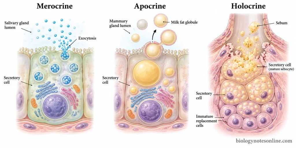 Comparative diagram showing merocrine exocytosis, apocrine release of membrane-coated milk fat droplets, and holocrine disintegration of mature secretory cells.