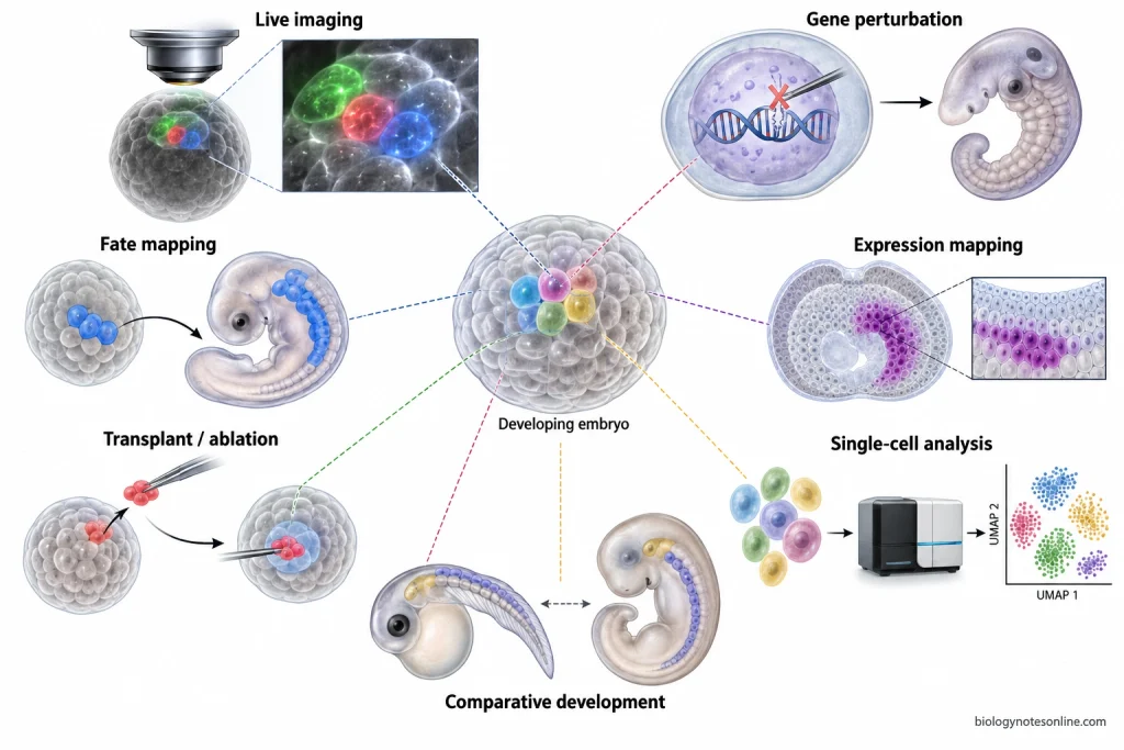 A developing embryo connected to live imaging, fate mapping, transplantation, gene perturbation, expression mapping, single-cell analysis, and comparative developmental approaches.