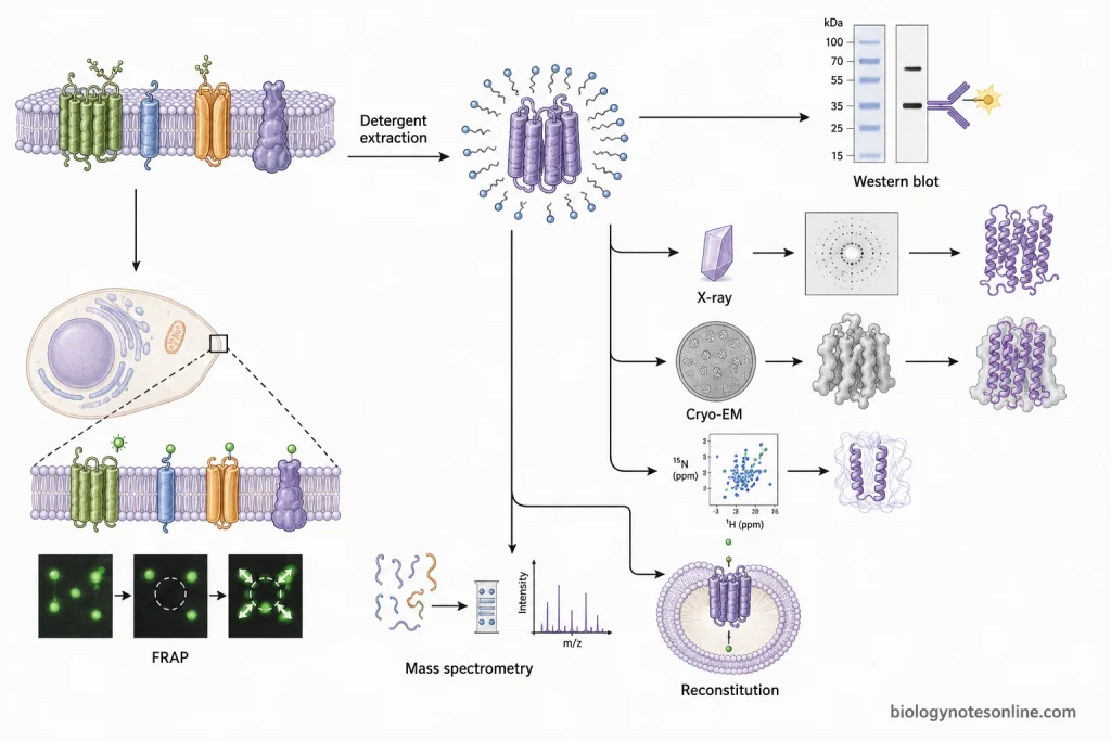 Experimental workflow showing membrane-protein fluorescence imaging, detergent extraction, Western blotting, structural analysis, mass spectrometry, and functional reconstitution in an artificial membrane.