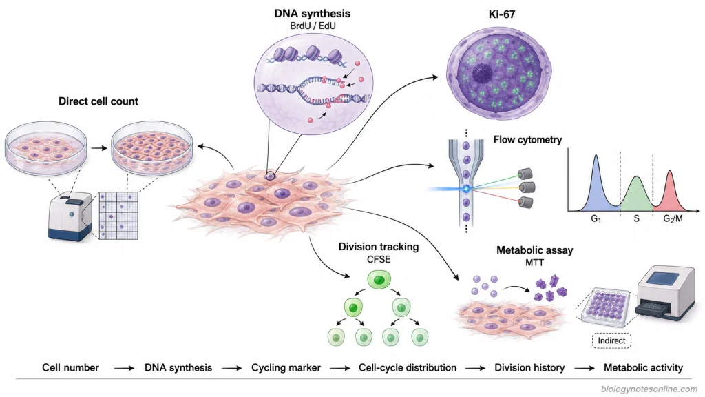 Scientific schematic comparing direct cell counting, BrdU and EdU DNA-synthesis assays, Ki-67 staining, flow cytometry, CFSE division tracking, and metabolic assays.