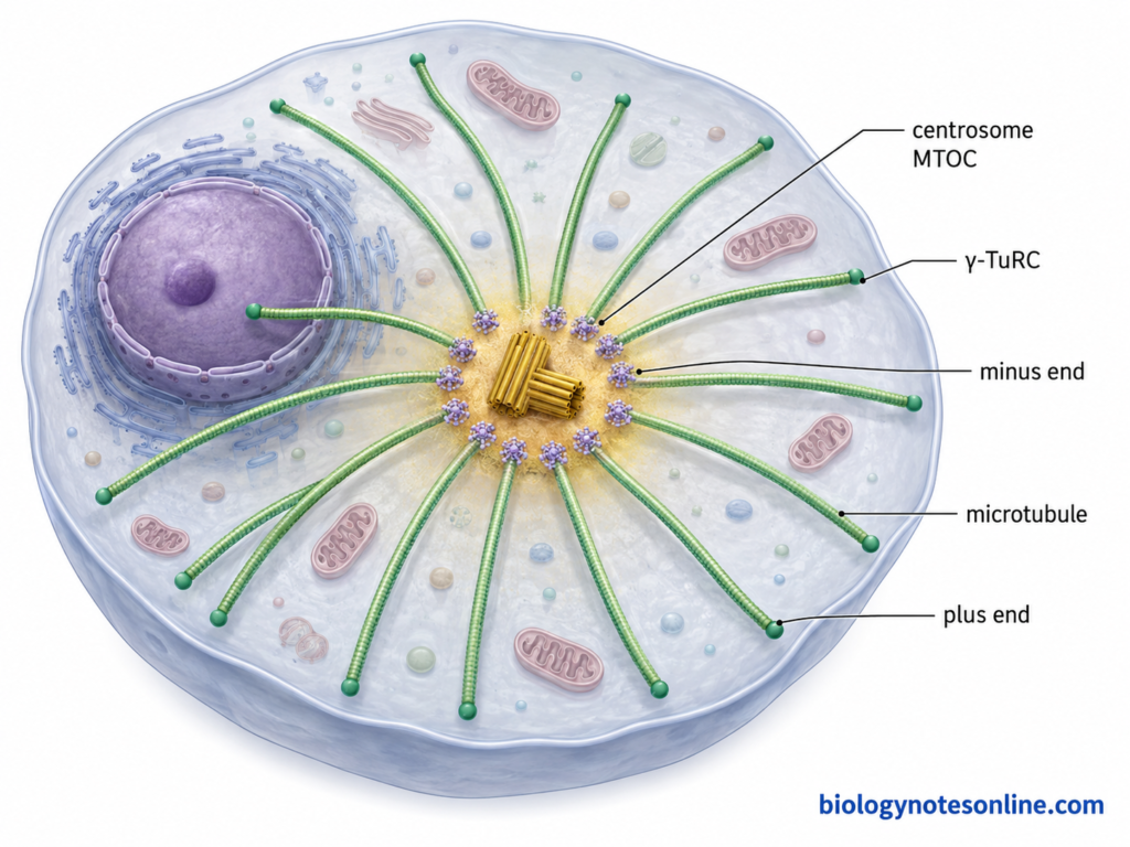 Microtubules nucleating from γ-tubulin complexes at a centrosomal microtubule-organizing center, with plus ends extending into the cytoplasm.