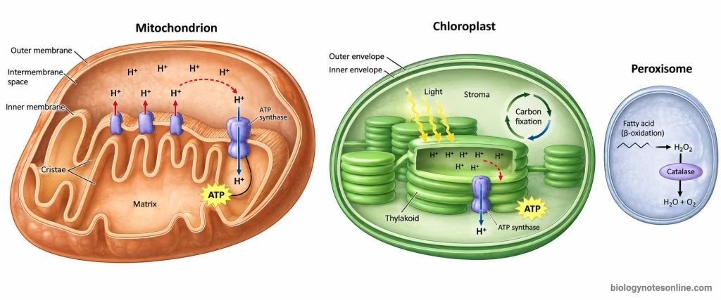 Comparative diagram of a mitochondrion, chloroplast and peroxisome showing membrane compartments, proton-driven ATP synthesis and peroxisomal hydrogen peroxide breakdown.