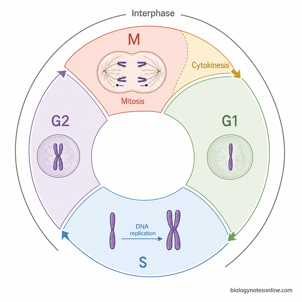 Mitosis - Definition, Stages, Process, and Importance 1 Circular eukaryotic cell cycle showing G1, S, G2 and M phases, with DNA replication during S phase and mitosis plus overlapping cytokinesis during M phase.