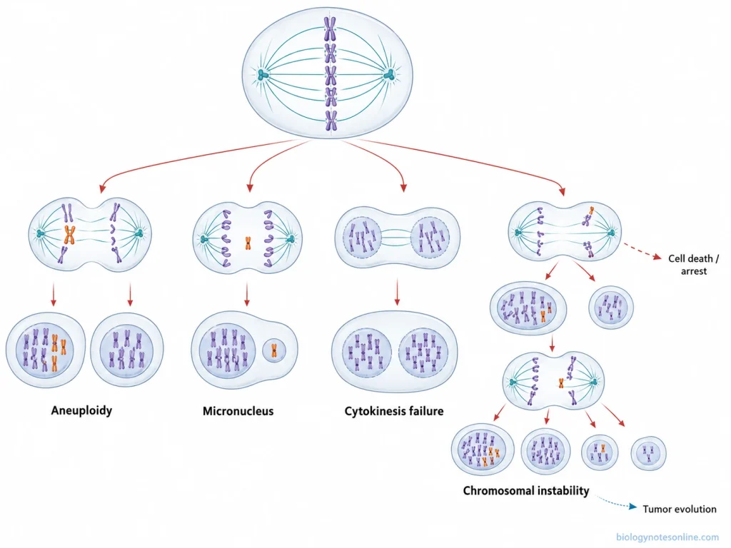 Mitosis - Definition, Stages, Process, and Importance 8 Schematic of mitotic errors leading to chromosome missegregation, aneuploid daughter cells, lagging chromosomes and micronuclei, cytokinesis failure and chromosomal instability.