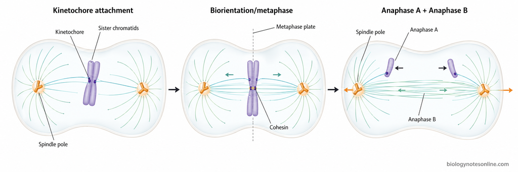 Mitosis - Definition, Stages, Process, and Importance 4 Mitotic spindle schematic showing kinetochore attachment, chromosome biorientation at metaphase, chromosome movement in anaphase A and spindle elongation in anaphase B.