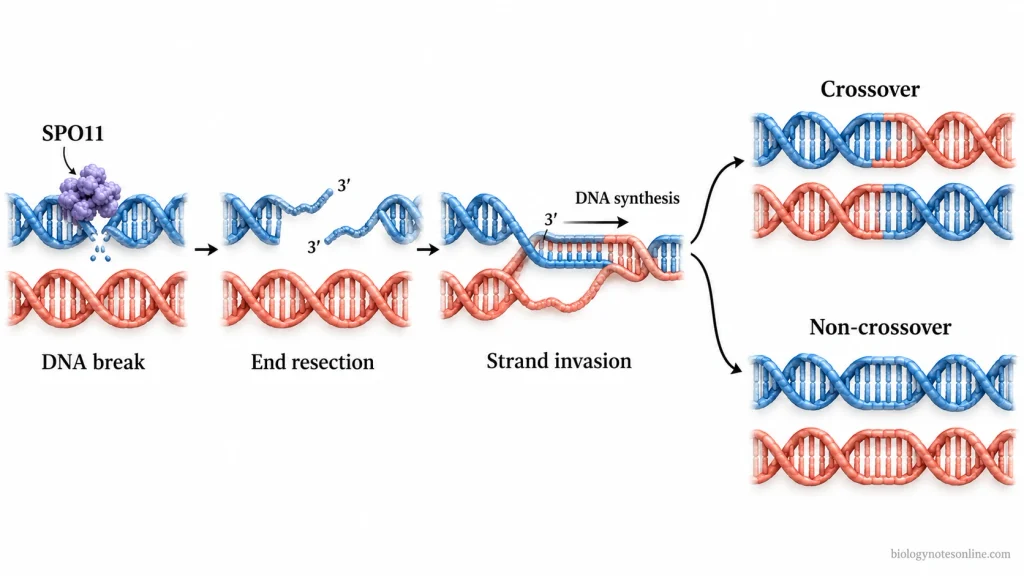 Prophase: Definition, Events, and Stages in Cell Division 3 Molecular diagram showing SPO11-mediated DNA break formation, end processing, strand invasion, DNA synthesis, and crossover or non-crossover repair.