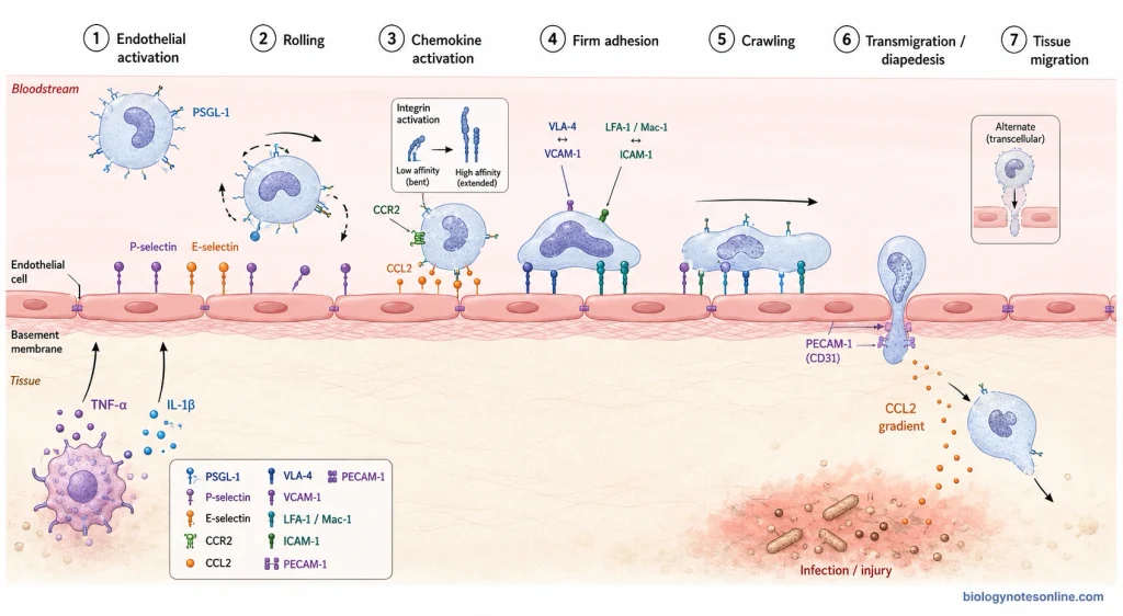 Seven-step monocyte recruitment process showing endothelial activation, rolling, chemokine signaling, firm adhesion, crawling, diapedesis and migration into inflamed tissue.
