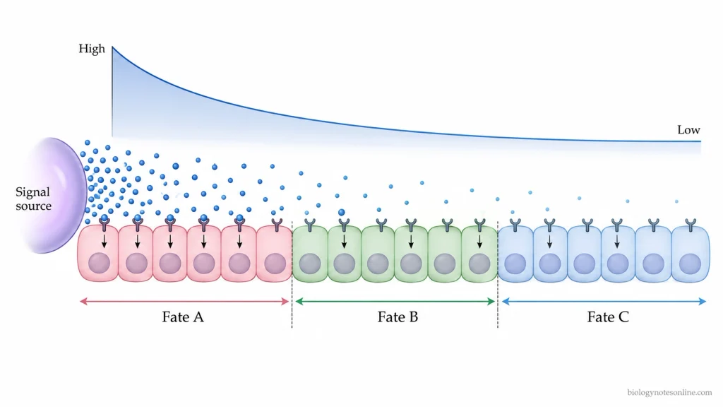 A signaling source creates a declining morphogen gradient across developing cells, producing different positional responses and cell fates at different signal levels.