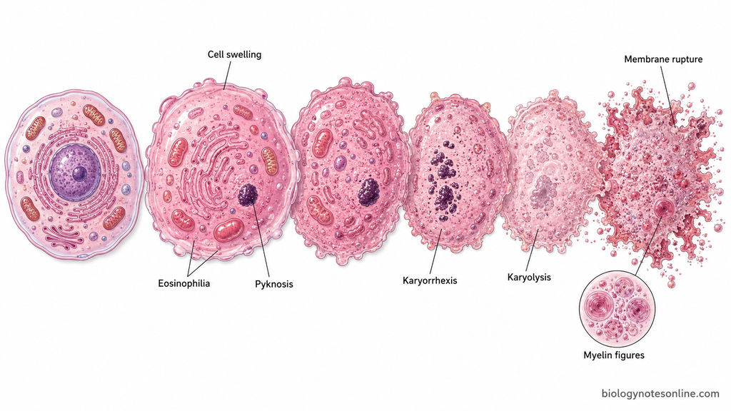 Progression of necrotic cell morphology showing swelling, increased eosinophilia, membrane rupture, pyknosis, karyorrhexis, and karyolysis.