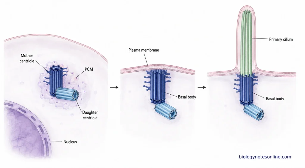 Mature mother centriole docking beneath the plasma membrane and functioning as a basal body from which a primary cilium develops.
