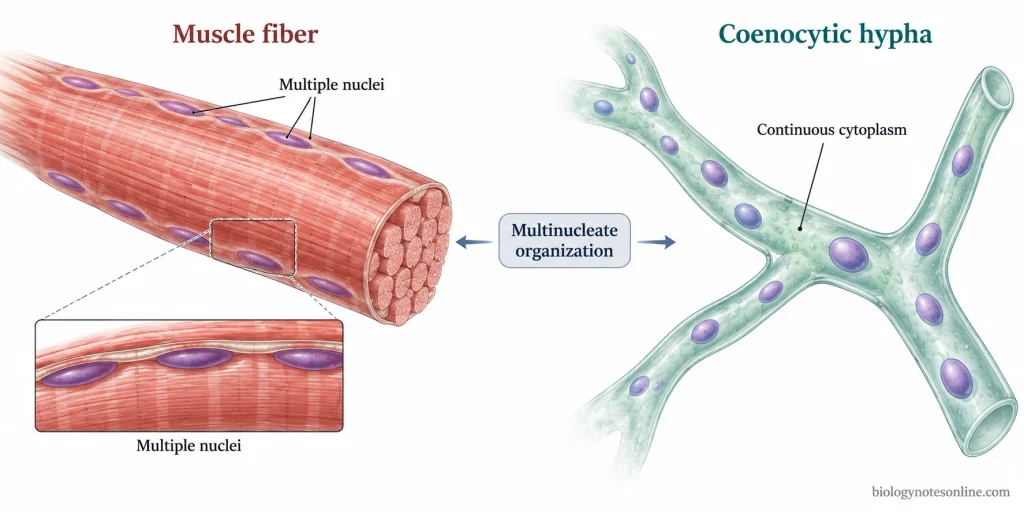 Cell Theory - Definition, 3 Principles, History, and Modern View 6 Comparison of a multinucleated skeletal muscle fiber and a coenocytic fungal hypha, each containing multiple nuclei within continuous cytoplasm.