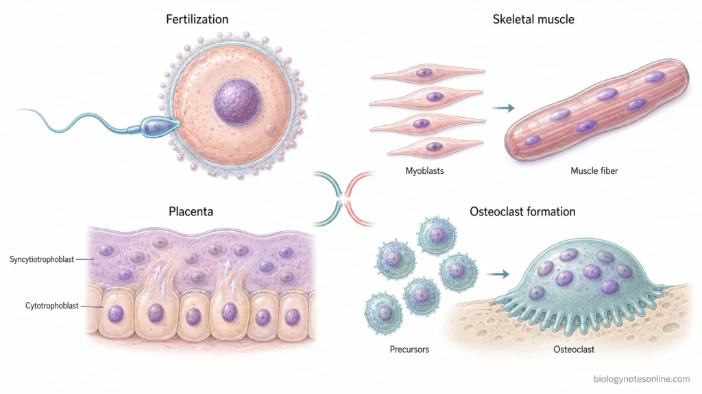 Cell fusion during fertilization, myoblast formation of skeletal muscle fibers, trophoblast formation of syncytiotrophoblast, and osteoclast formation.
