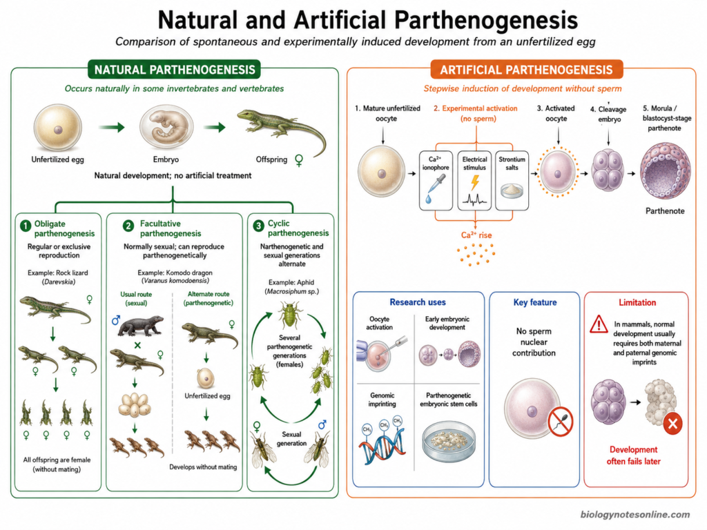 Parthenogenesis – Definition, Types, Mechanism, Examples and Significance 3 Diagram showing Natural and Artificial Parthenogenesis