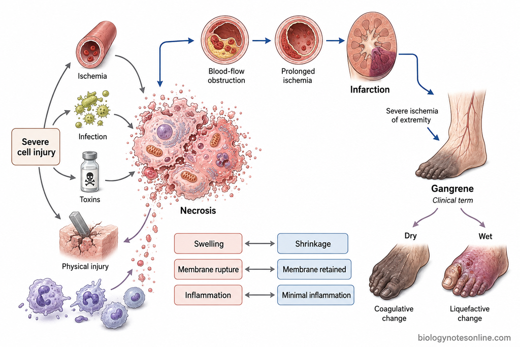 Pathology schematic showing necrosis from severe injury, infarction as ischemic necrosis, and gangrene as extensive tissue necrosis with dry and wet forms.
