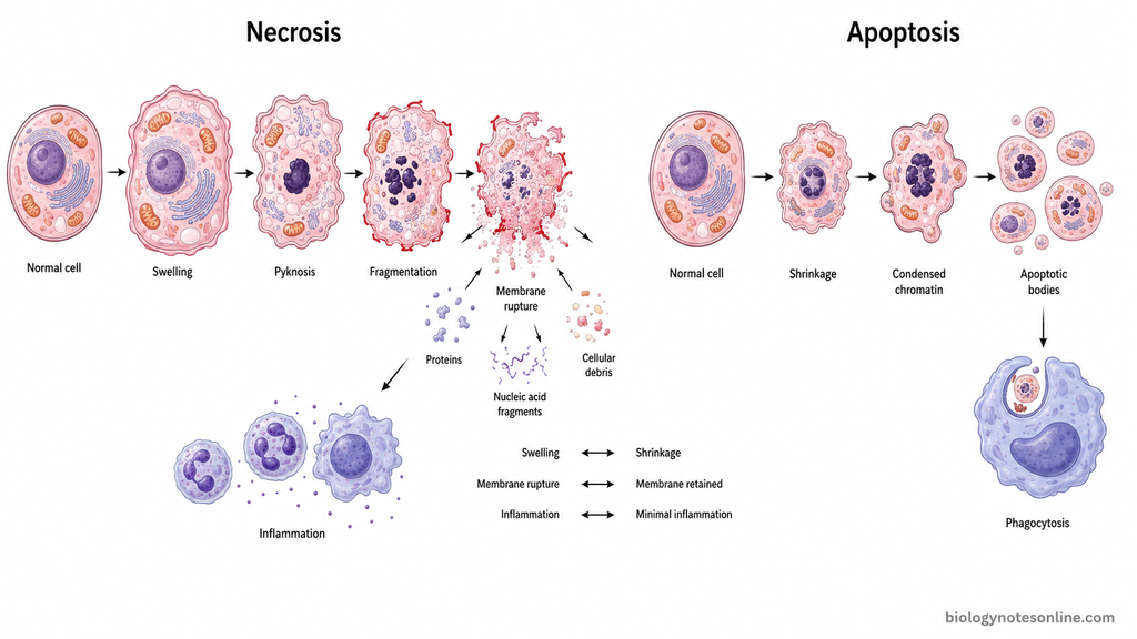 Comparison of necrosis and apoptosis showing cell swelling and membrane rupture in necrosis versus shrinkage, apoptotic bodies, and membrane preservation in apoptosis.