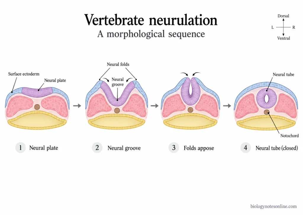Cross-sectional sequence showing the vertebrate neural plate bending into a neural groove, elevation and fusion of neural folds, and formation of the closed neural tube.