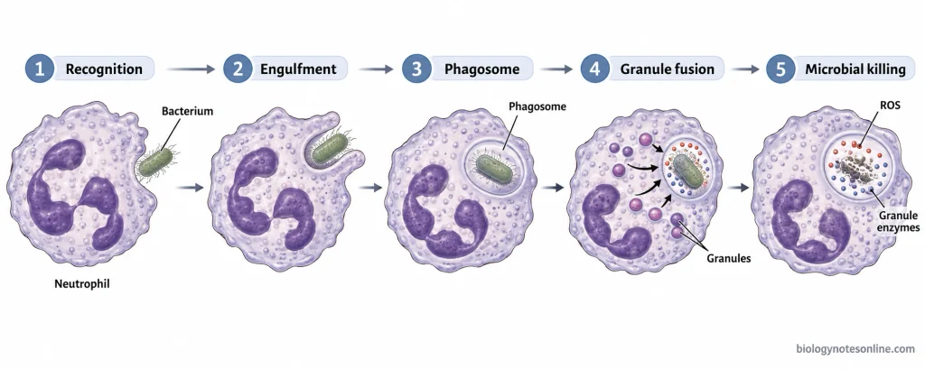 Neutrophil engulfing a bacterium into a phagosome followed by granule fusion and destruction using granule enzymes and reactive oxygen products.