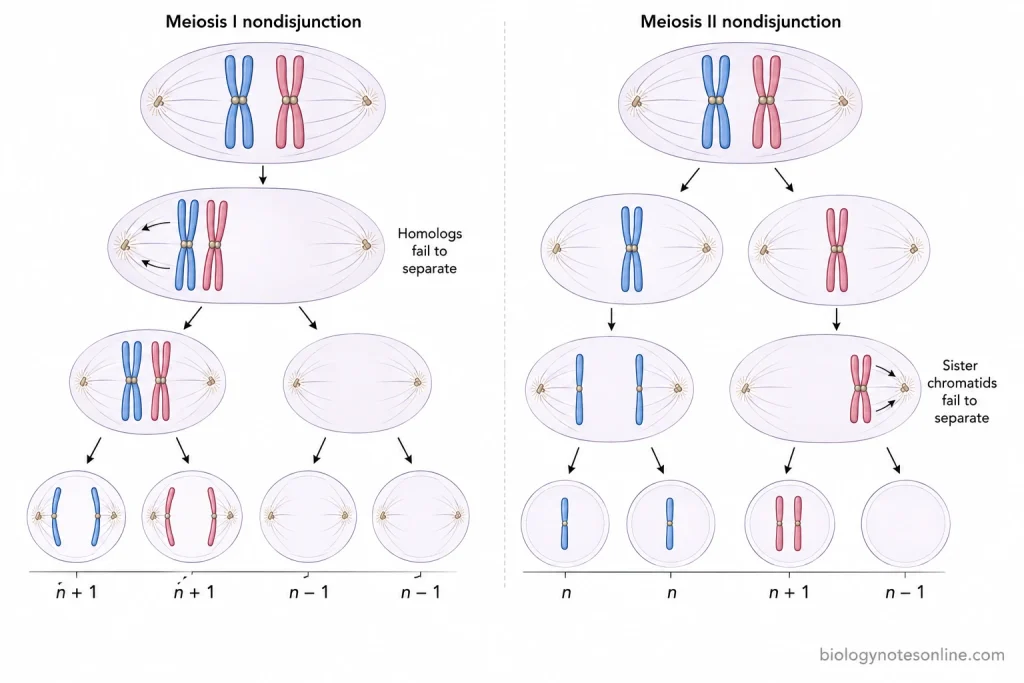 Comparison of meiosis I nondisjunction producing two n+1 and two n−1 products with meiosis II nondisjunction producing two normal, one n+1, and one n−1 product.