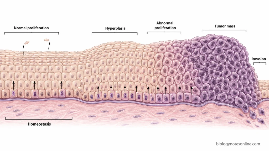 Comparison of regulated tissue renewal with hyperplasia and abnormal cell accumulation that can produce a tumor and malignant invasion.