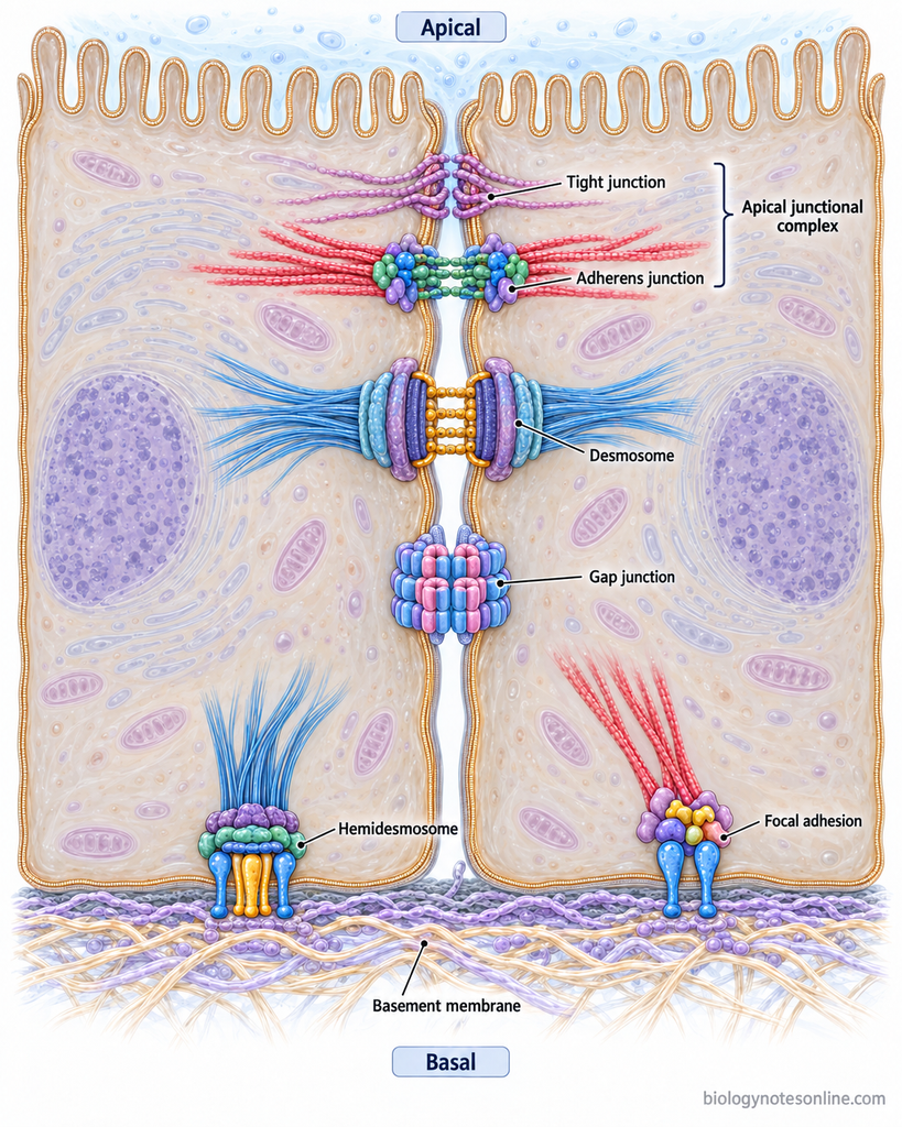 Epithelial cells showing tight and adherens junctions near the apical surface, lateral desmosomes and gap junctions, and basal hemidesmosomes and focal adhesions.