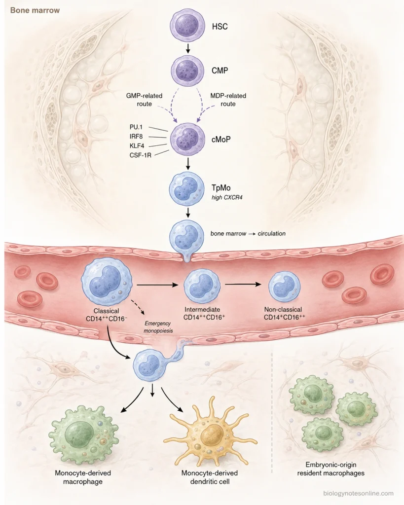 Monocyte development from hematopoietic stem cells through myeloid progenitors, cMoP and transitional premonocytes to classical, intermediate and non-classical blood monocytes.