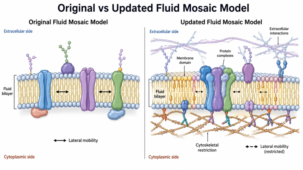 Side-by-side comparison diagram showing the original fluid mosaic model and the updated model with membrane domains, protein complexes, and cytoskeletal restriction.