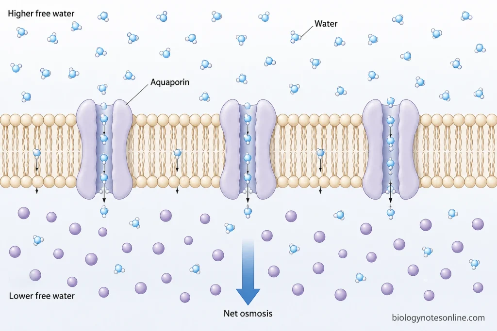 Passive Transport in Cells - Types, Mechanisms, and Examples 4 Water moving across a selectively permeable membrane toward lower free-water concentration, mainly through aquaporin channels with limited direct bilayer diffusion.