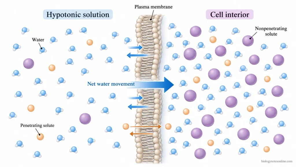 Schematic of a selectively permeable cell membrane showing net inward water movement from a hypotonic solution, with penetrating and nonpenetrating solutes distinguished.