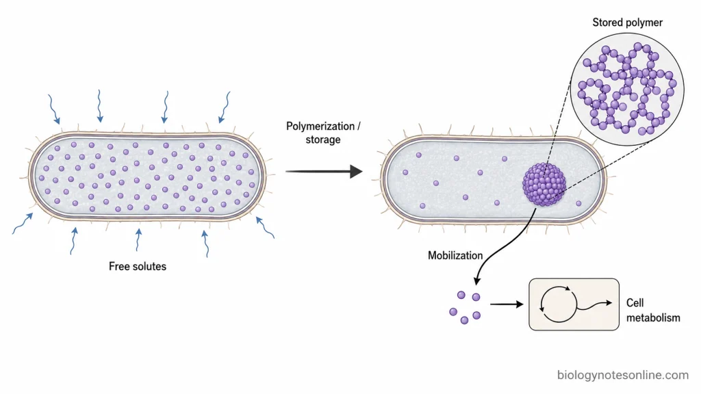 Pathway showing excess nutrients converted into glycogen, PHA, polyphosphate, sulfur, and cyanophycin granules and mobilized again during nutrient limitation.