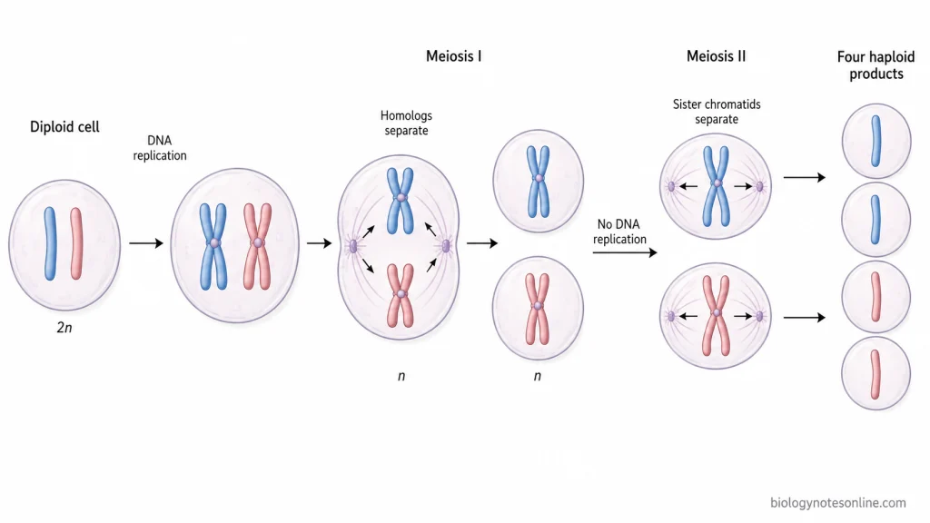 Meiosis sequence showing one DNA replication followed by separation of homologous chromosomes in meiosis I and sister chromatids in meiosis II to form four haploid cells.