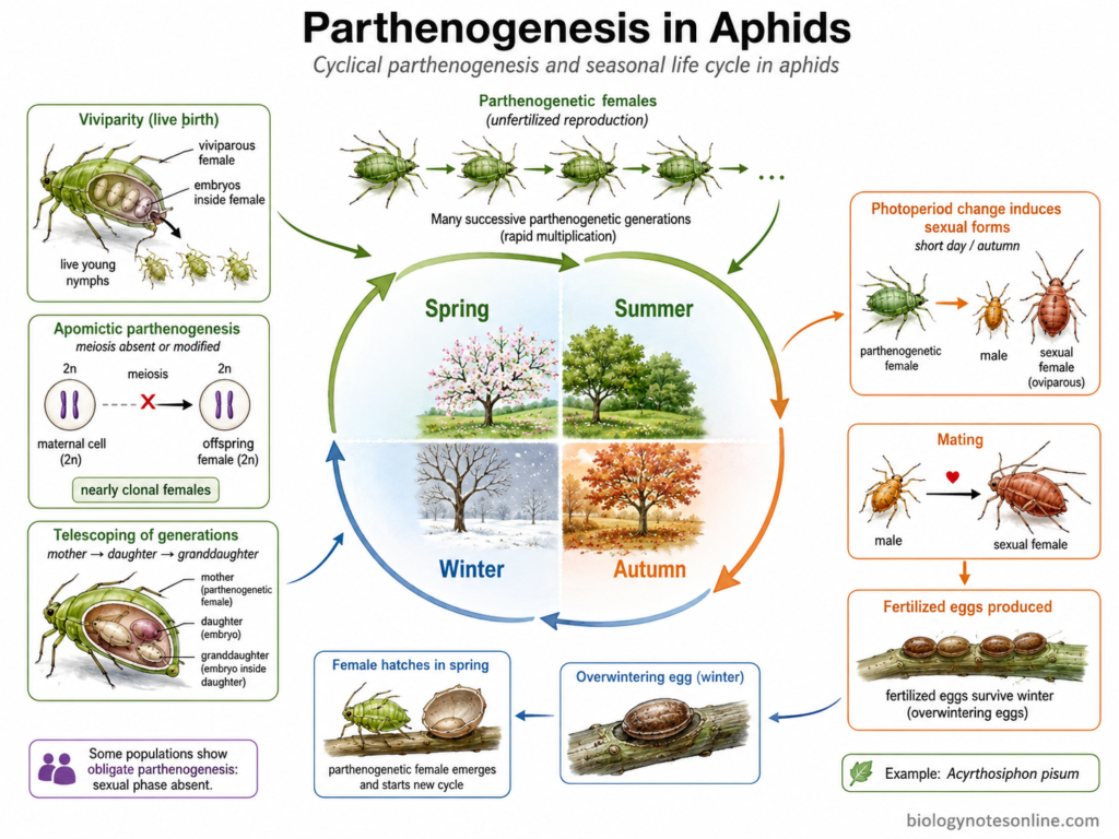 Parthenogenesis – Definition, Types, Mechanism, Examples and Significance 5 Diagram showing Parthenogenesis in Aphids