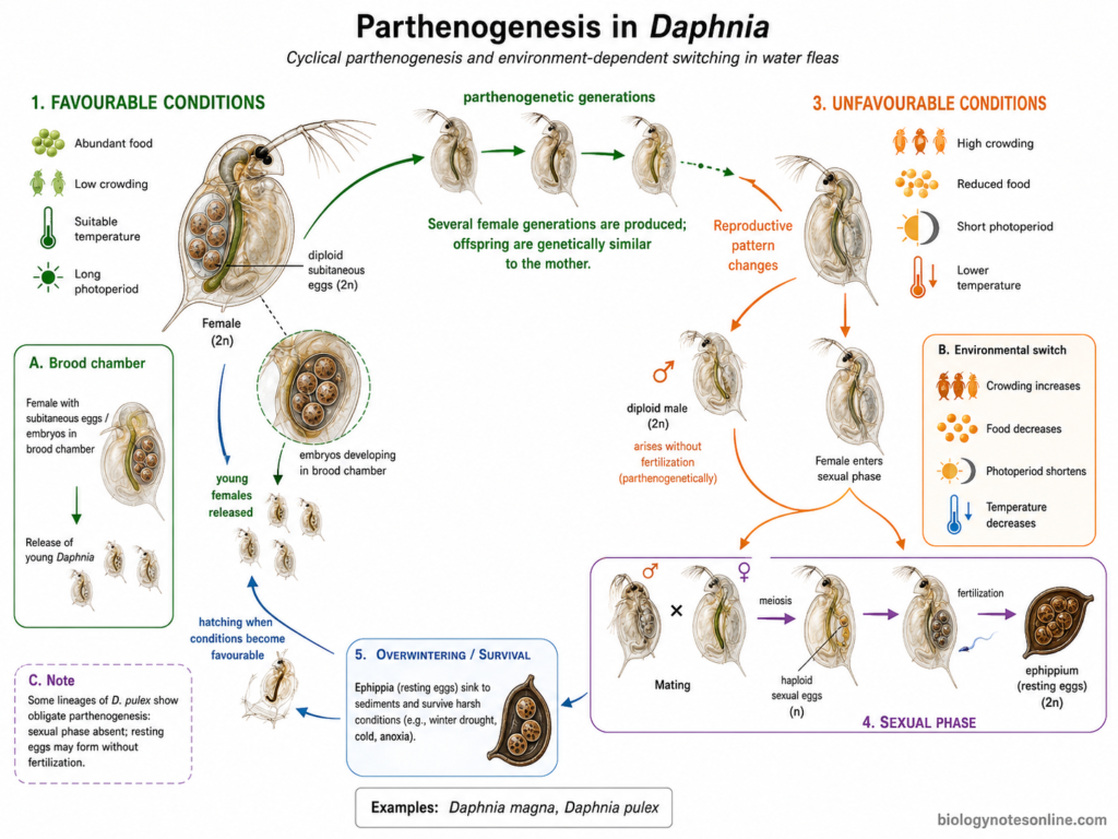 Parthenogenesis – Definition, Types, Mechanism, Examples and Significance 6 Diagram showing Parthenogenesis in Daphnia