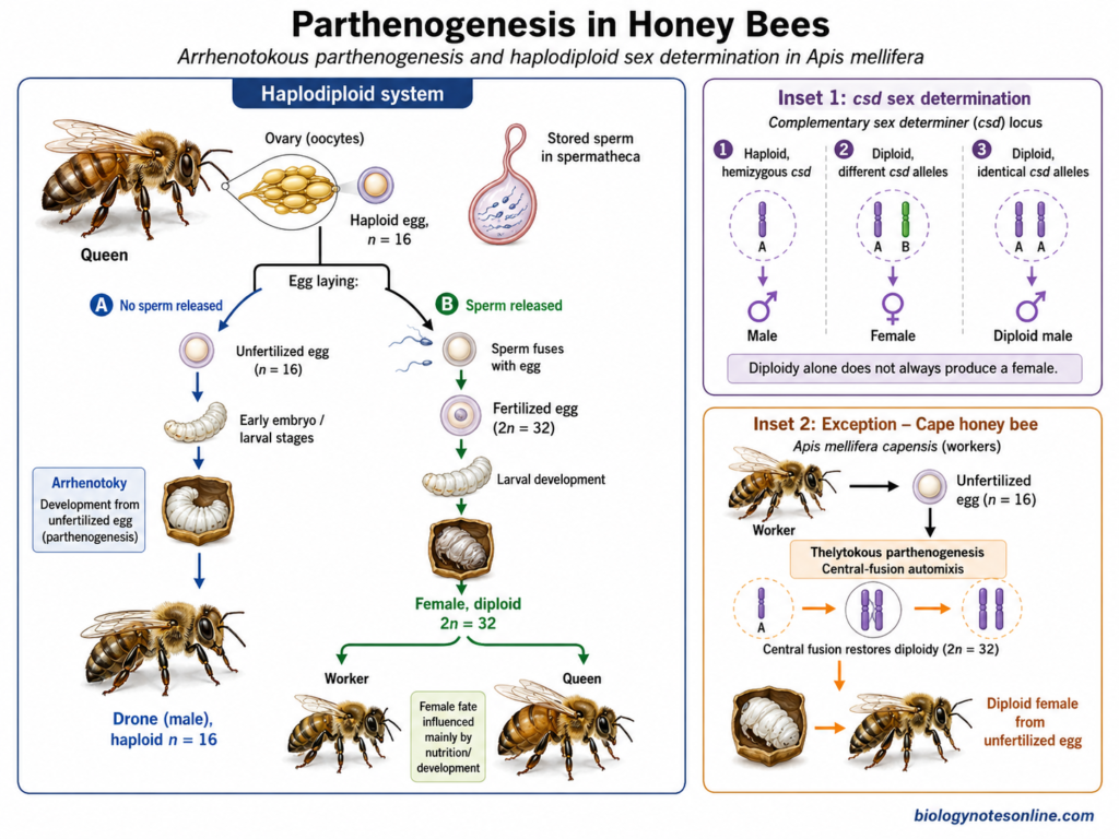 Parthenogenesis – Definition, Types, Mechanism, Examples and Significance 4 Diagram showing Parthenogenesis in Honey Bees