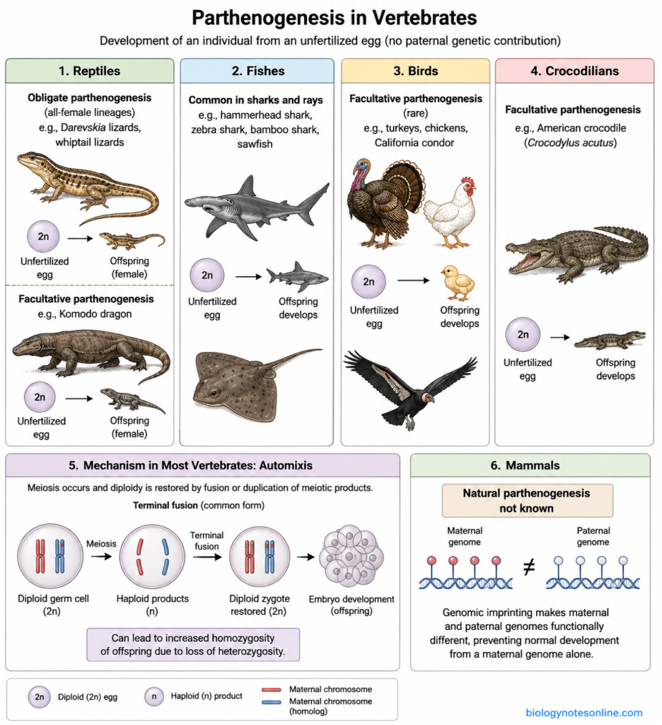Parthenogenesis – Definition, Types, Mechanism, Examples and Significance 7 Diagram showing Parthenogenesis in Vertebrates
