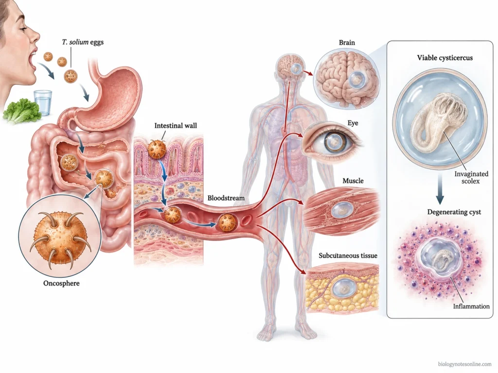 Cysticercosis: Causes, Symptoms, Diagnosis and Treatment 2 Pathogenesis of cysticercosis showing T. solium eggs releasing oncospheres that cross the intestine, disseminate through blood and form cysticerci in tissues.