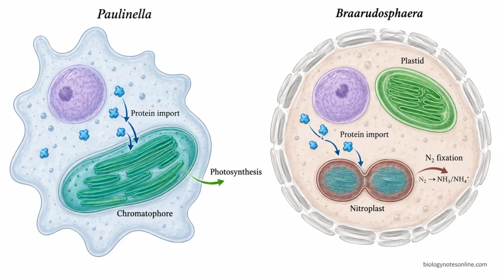 Comparison of the Paulinella chromatophore and Braarudosphaera nitroplast showing host protein import, photosynthesis in the chromatophore, and nitrogen fixation in the nitroplast.