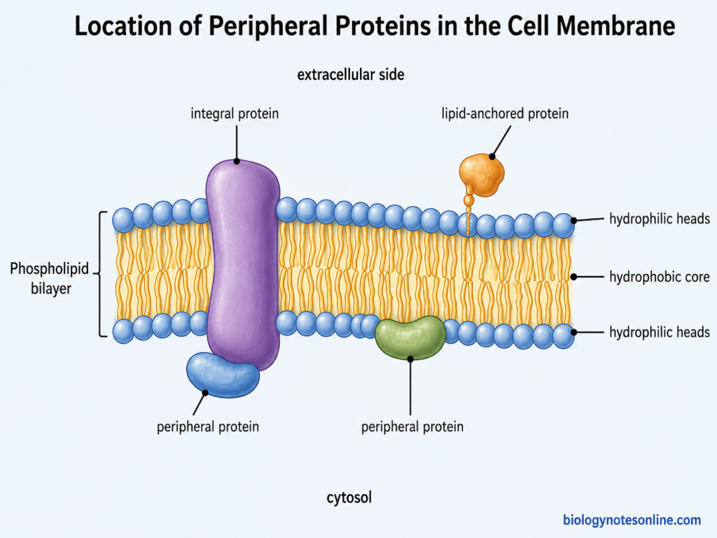 Peripheral Protein: Definition, Membrane Binding, Functions, and Examples 1 Diagram showing peripheral proteins attached to the surface of a phospholipid bilayer beside an integral membrane protein.