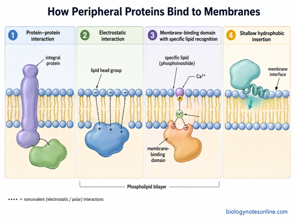 Peripheral Protein: Definition, Membrane Binding, Functions, and Examples 2 Four mechanisms by which peripheral proteins associate with membranes, including protein binding, lipid-head-group interactions and shallow membrane insertion.