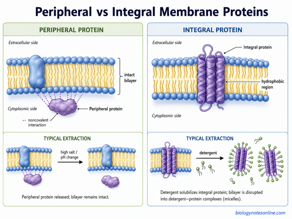 Peripheral Protein: Definition, Membrane Binding, Functions, and Examples 5 Comparison of a peripheral protein on the membrane surface and an integral protein embedded through the lipid bilayer.