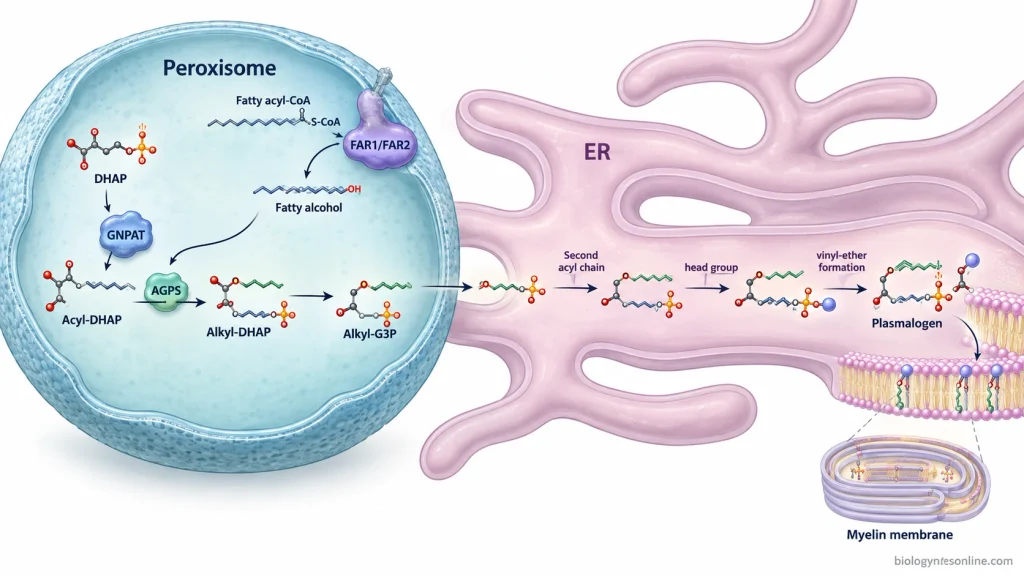 Peroxisomes: Definition, Structure, Functions and Biogenesis 7 Ether lipid synthesis pathway showing DHAP conversion in the peroxisome, FAR1/FAR2 and AGPS reactions, transfer of the ether-lipid precursor to the ER, and formation of plasmalogens.