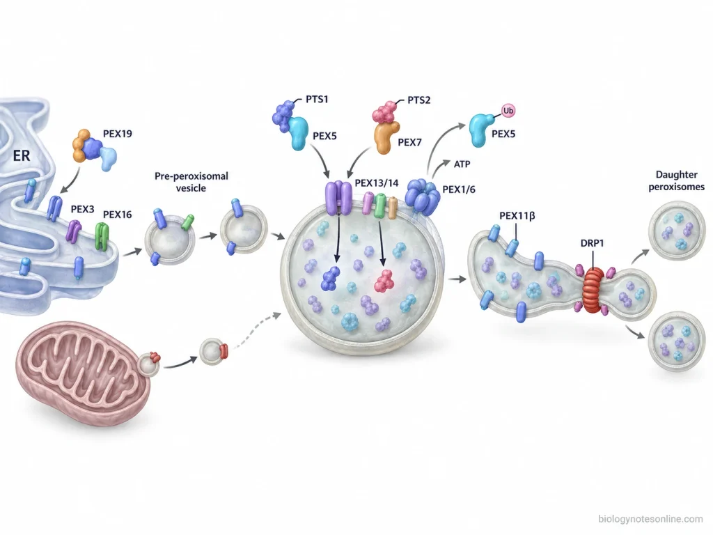 Peroxisomes: Definition, Structure, Functions and Biogenesis 3 Peroxisome biogenesis diagram showing precursor membrane formation, PTS1 and PTS2 protein import through PEX proteins, receptor recycling, elongation, and DRP1-mediated division.