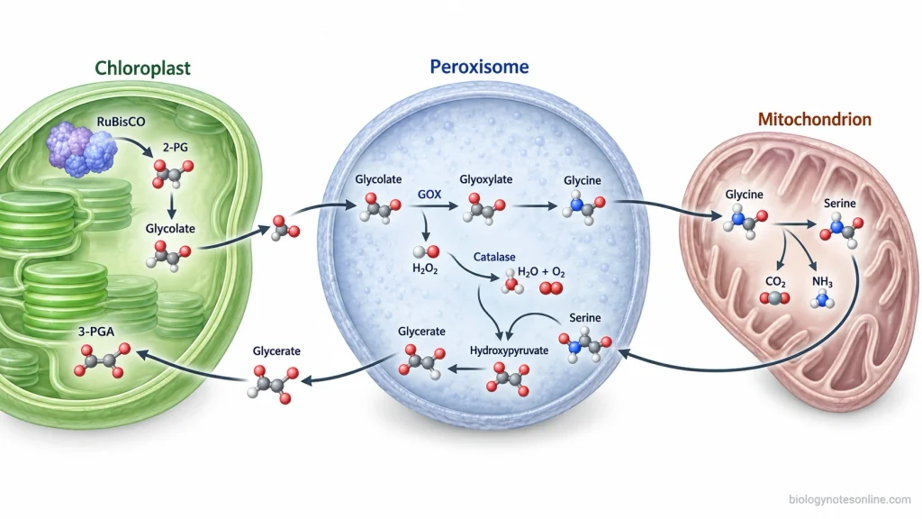 Peroxisomes: Definition, Structure, Functions and Biogenesis 4 Photorespiration pathway showing glycolate, glycine, serine, and glycerate moving between chloroplasts, peroxisomes, and mitochondria.
