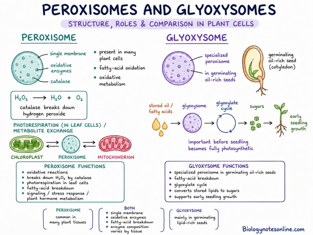 Labelled diagram showing structure and functions of Peroxisomes and Glyoxysomes