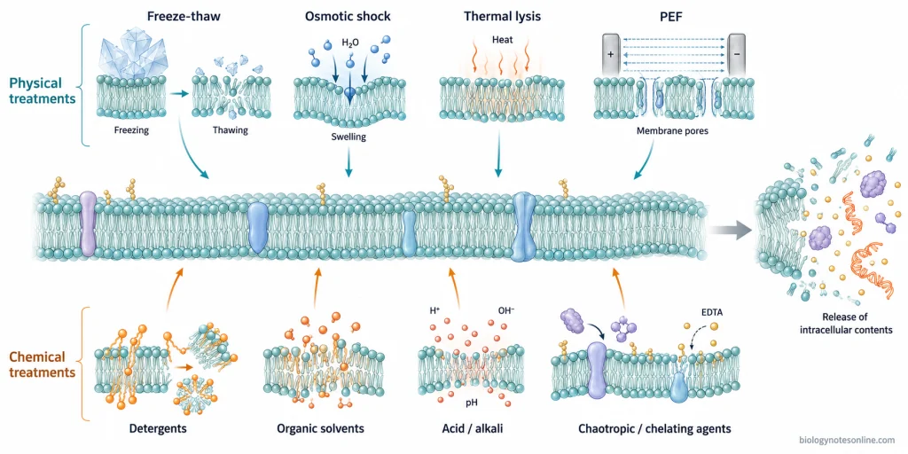 Cell membrane changes caused by freeze-thawing, osmotic shock, heat, pulsed electric fields, detergents, solvents, and other chemical treatments.