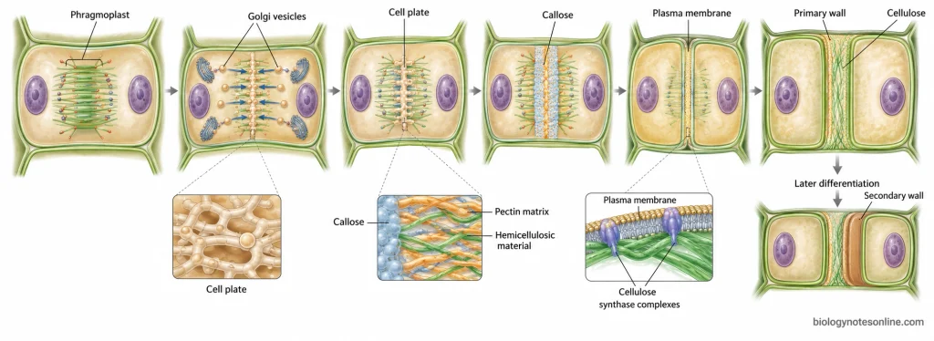 Sequence of plant cytokinesis showing the phragmoplast, Golgi vesicle delivery, cell plate formation and expansion, wall maturation, and later secondary-wall deposition as a separate process.