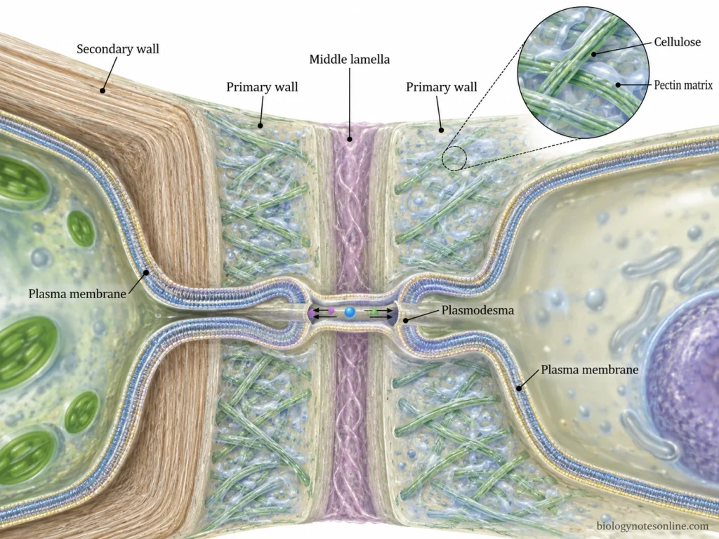 Cross-section of neighboring plant cells showing the middle lamella, primary and secondary walls, plasma membranes, and a plasmodesma crossing the wall.