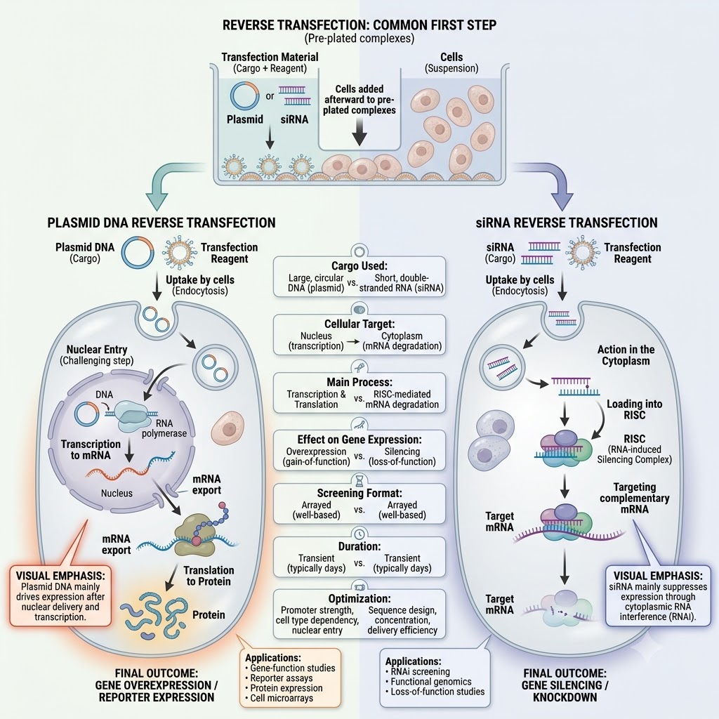 Reverse Transfection: Principle, Protocol, Steps & Applications 7 diagram showing Reverse Transfection of Plasmid DNAPlasmid DNA vs siRNA Reverse Transfection