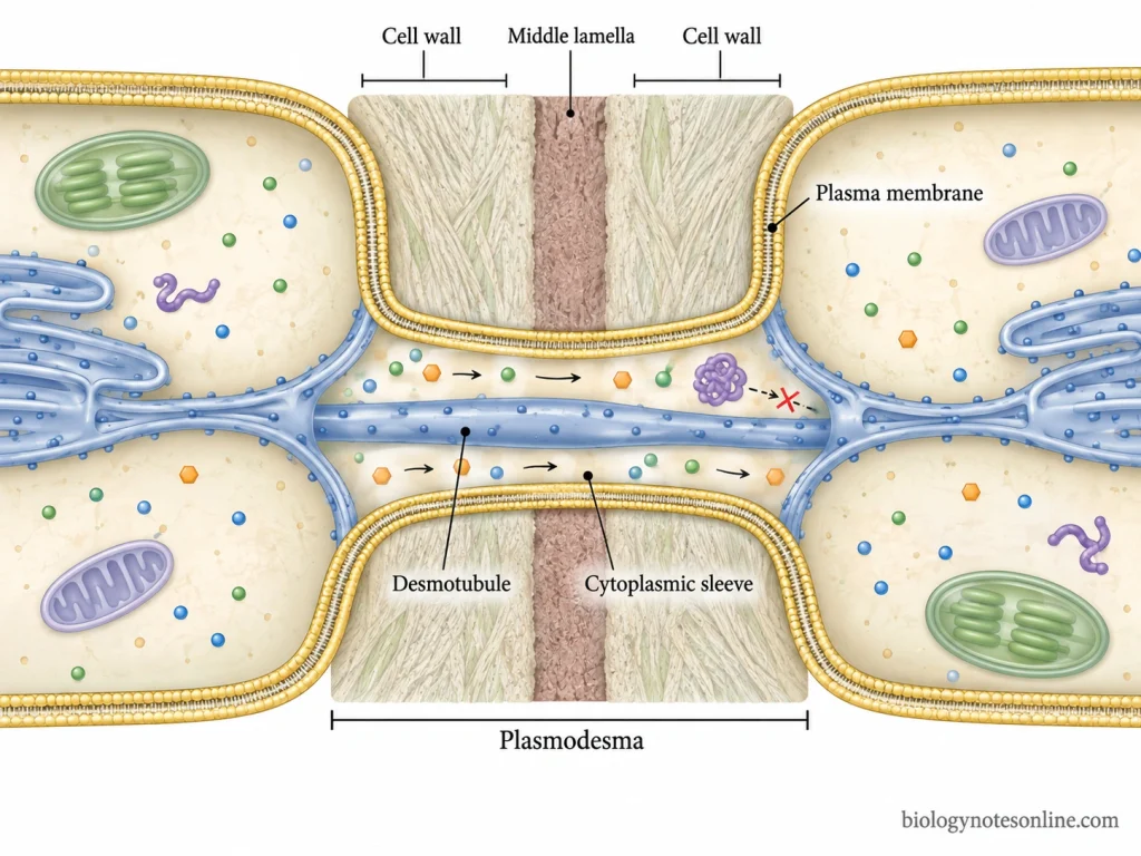 Plasmodesma crossing adjacent plant cell walls with a plasma-membrane lining, central desmotubule, cytoplasmic sleeve, and continuity between neighboring cells.